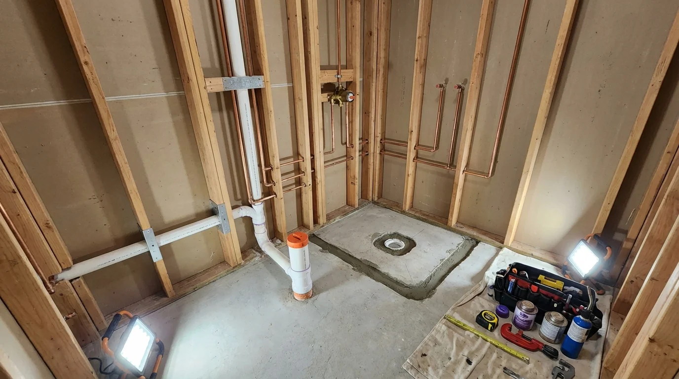 Bathroom rough-in plumbing during remodel by Johns Plumbing LLC in Coats