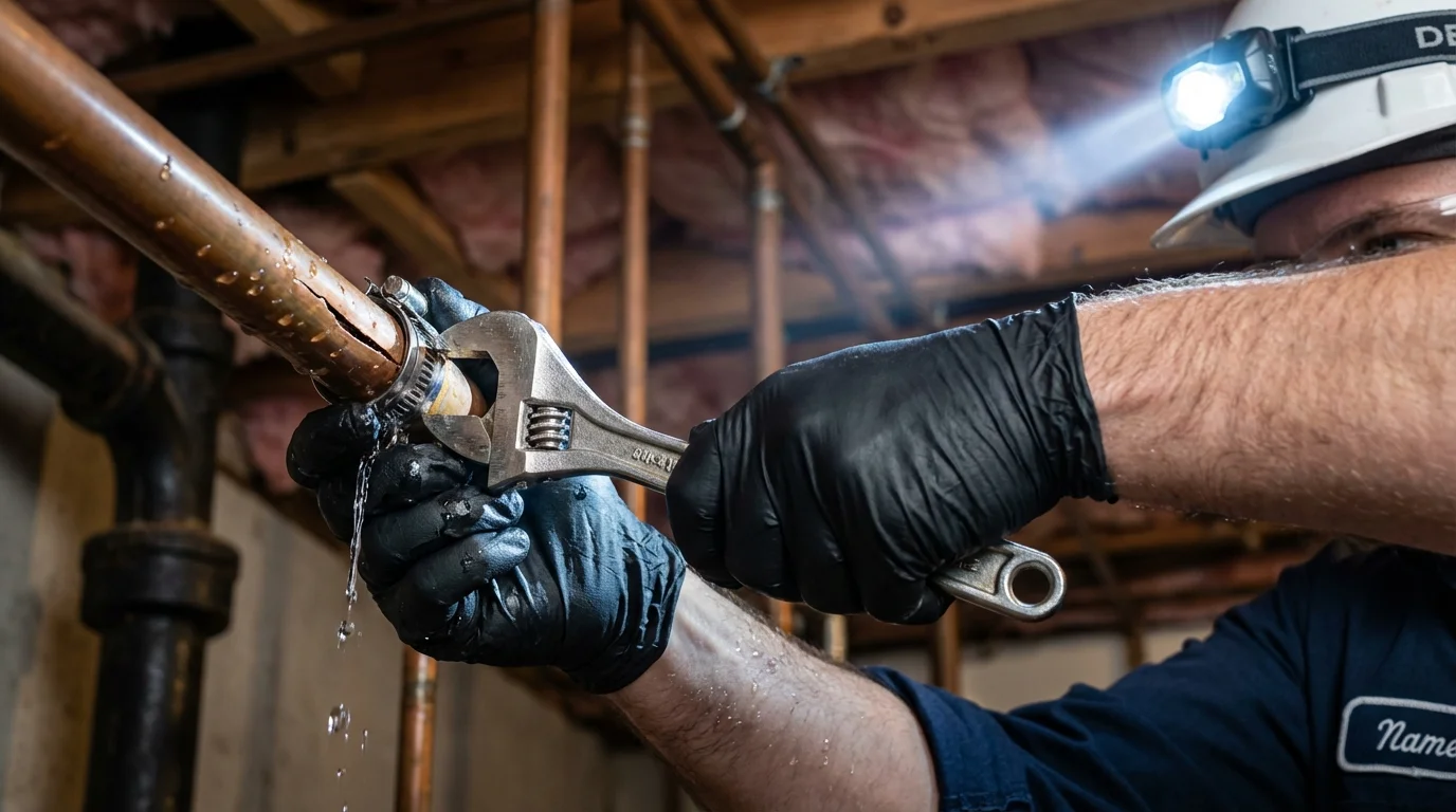 Emergency pipe clamp repair being performed by a Johns Plumbing LLC plumber in Coats