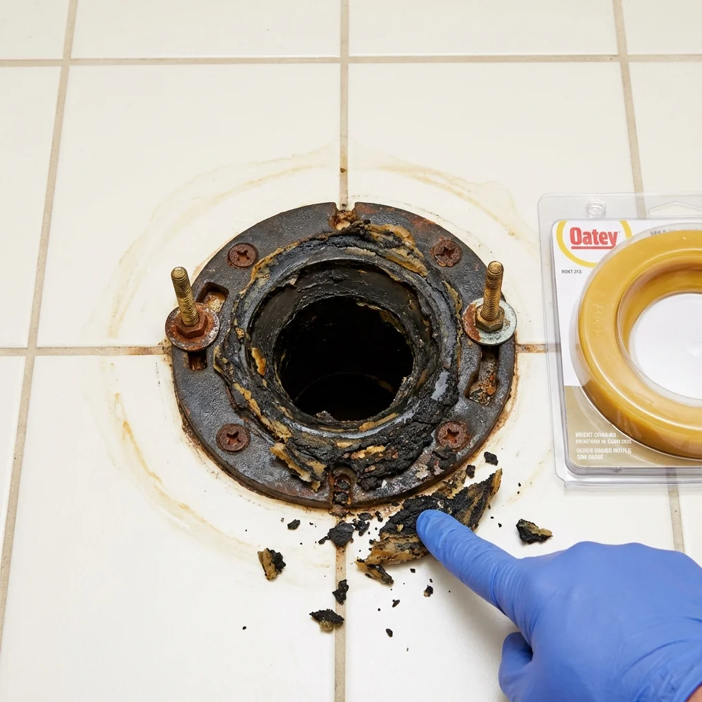 Failed wax ring showing water seepage at the base of a toilet in a Coats, NC home