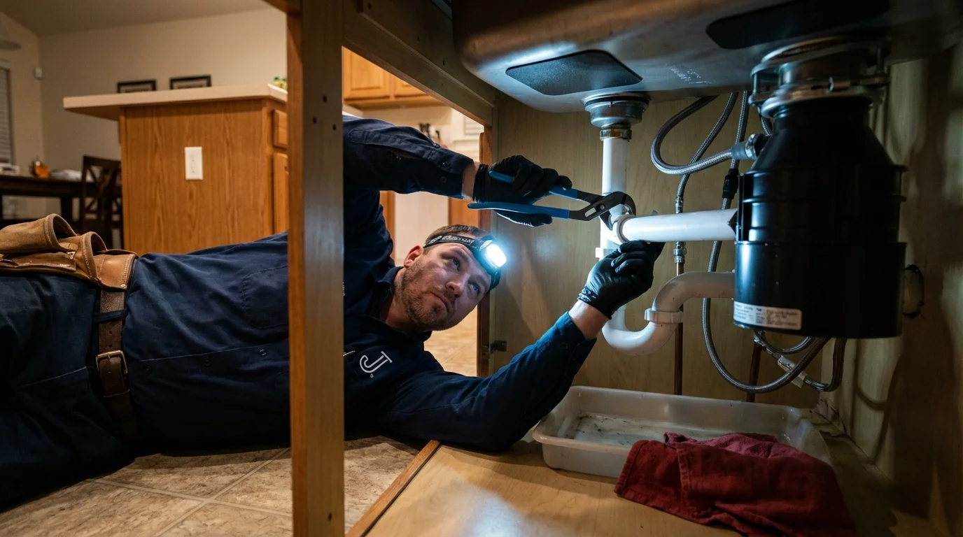 P-trap and supply line connections under a kitchen sink showing a common leak point in Coats, NC